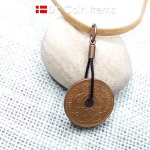 Denmark 1938 coin necklace. Crowned C-monogram 2 ore coin.