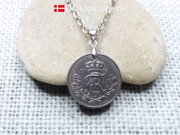 Denmark 1953 coin necklace. 71 year old R-monogram 10 ore pendant on pinch bail