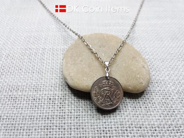 Denmark 1955 coin necklace. 69 year old R-monogram 10 ore pendant on pinch bail