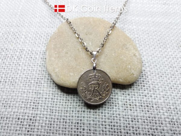 Denmark 1956 coin necklace. 68 year old R-monogram 10 ore pendant on pinch bail