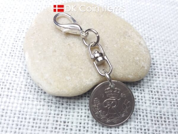 Denmark 1960 coin charm. Crowned R-monogram 10 ore pendant.