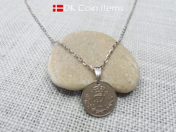 Denmark 1950 coin necklace. R-monogram 10 ore. 74 year old pendant on snap lock.