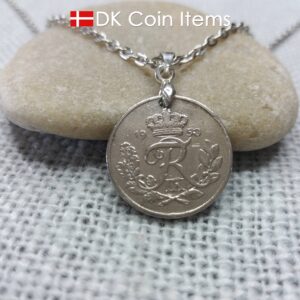 Denmark 1950 coin necklace. 74 year old R-monogram 10 ore pendant on pinch bail.