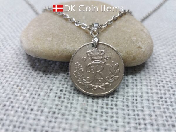 Denmark 1950 coin necklace. 74 year old R-monogram 10 ore pendant on pinch bail.