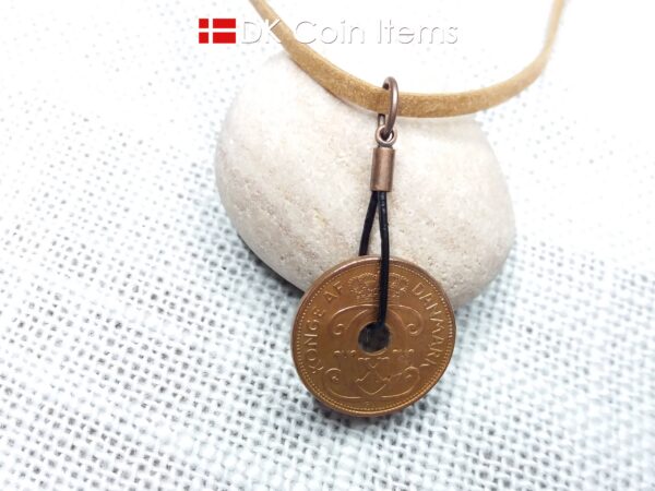 Denmark 1938 coin necklace. Crowned C-monogram 2 ore coin.