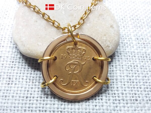 Denmark 1972 coin necklace. Crown R-monogram 5 ore 52 year old pendant