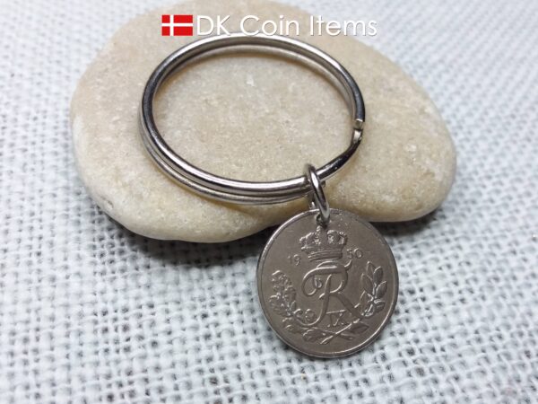 Denmark 1950 coin keychain. Crowned R-monogram 10 ore coin as pendant on keyring