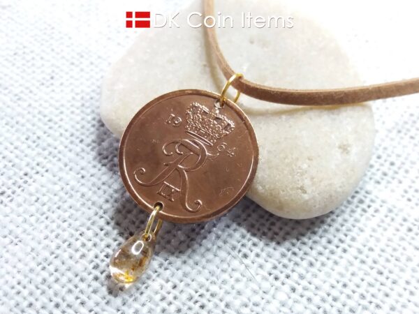 Denmark 1964 coin necklace. 60 year old Crown R-monogram 5 ore pendant