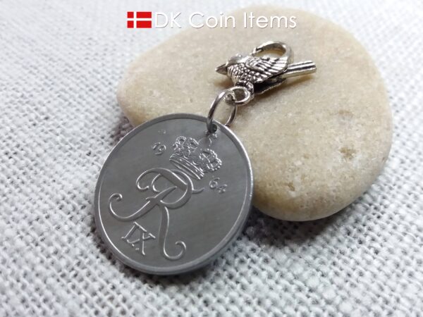 Denmark 1964 coin charm. 60 year old Crown R-monogram 5 ore pendant