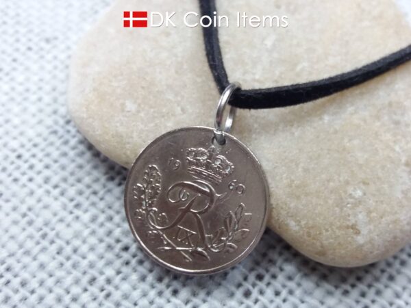 Denmark 1960 coin necklace. Crowned R-monogram 10 ore coin as pendant.