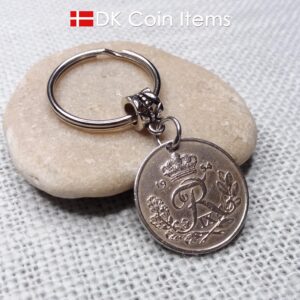 Denmark 1954 coin keychain. 70 year Crown R-monogram 25 ore pendant