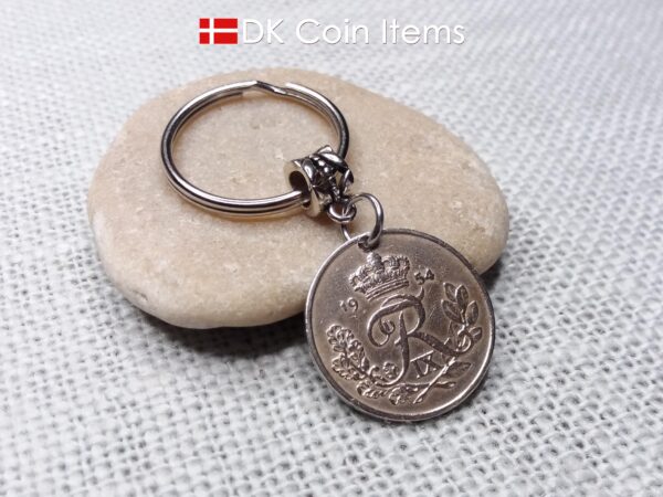 Denmark 1954 coin keychain. 70 year Crown R-monogram 25 ore pendant