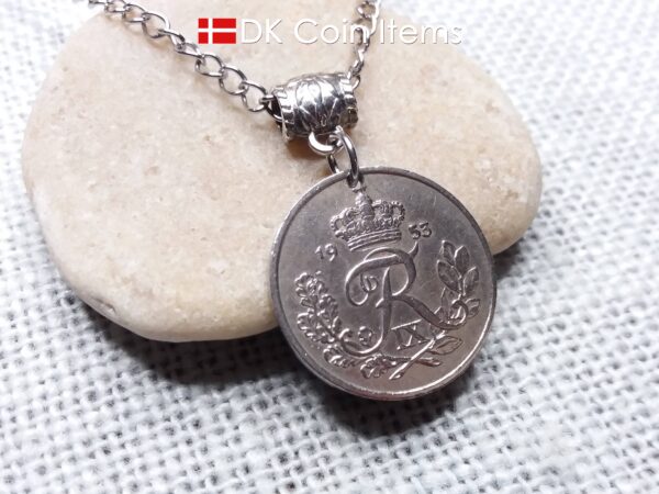 Denmark 1953 coin necklace. 71 year Crown R-monogram 25 ore pendant