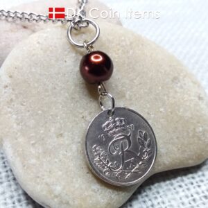 Denmark 1957 coin necklace. 67 year old R-monogram 10 ore pendant with bead