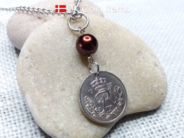 Denmark 1957 coin necklace. 67 year old R-monogram 10 ore pendant with bead