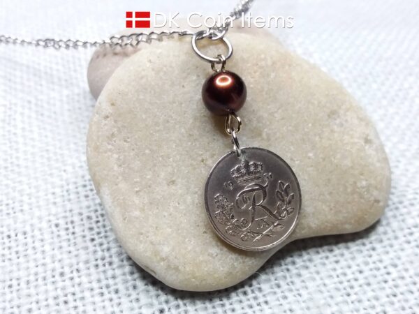 Denmark 1951 coin necklace. 73 year old R-monogram 10 ore pendant with bead