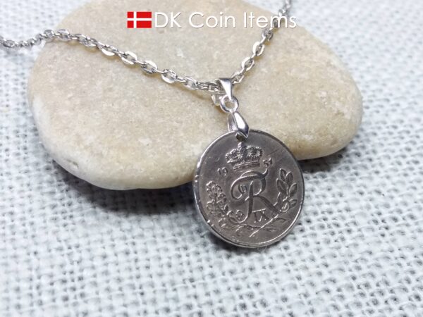 Denmark 1951 coin necklace. 73 year old R-monogram 10 ore pendant on pinch bail