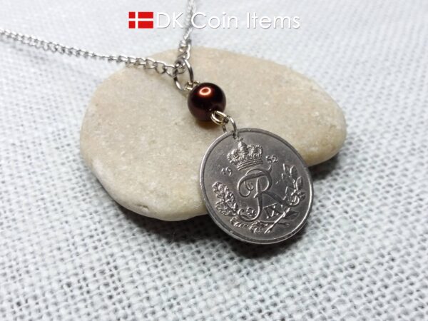 Denmark 1952 coin necklace. 72 year Crown R-monogram 25 ore pendant on bead