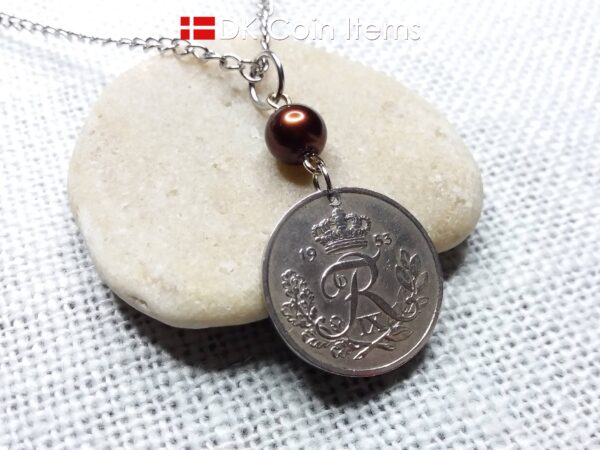 Denmark 1953 coin necklace. 71 year Crown R-monogram 25 ore pendant on bead