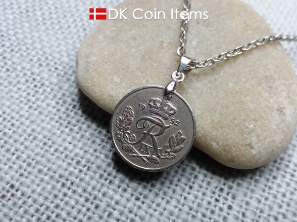 Denmark 1952 coin necklace. 72 year old R-monogram 10 ore pendant on pinch bail