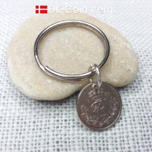 Denmark 1960 coin keychain. Crowned R-monogram 10 ore coin as pendant on keyring.