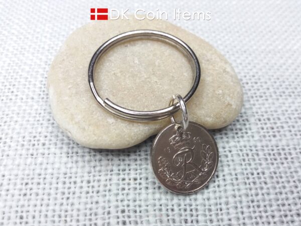 Denmark 1960 coin keychain. Crowned R-monogram 10 ore coin as pendant on keyring.