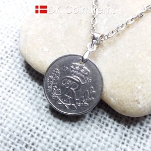 Denmark 1953 coin necklace. 71 year old R-monogram 10 ore pendant on pinch bail