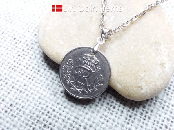 Denmark 1953 coin necklace. 71 year old R-monogram 10 ore pendant on pinch bail