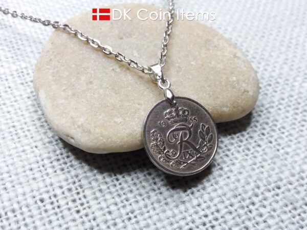 Denmark 1955 coin necklace. 69 year old R-monogram 10 ore pendant on pinch bail