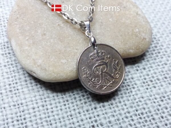 Denmark 1956 coin necklace. 68 year old R-monogram 10 ore pendant on pinch bail