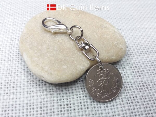 Denmark 1960 coin charm. Crowned R-monogram 10 ore pendant.