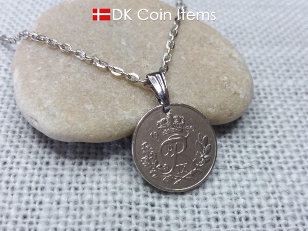 Denmark 1950 coin necklace. R-monogram 10 ore. 74 year old pendant on snap lock.