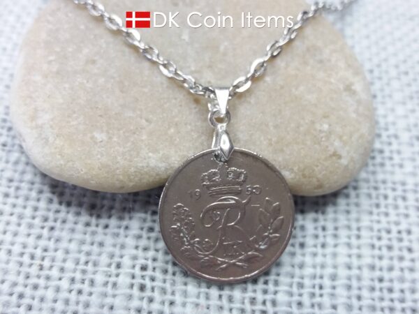 Denmark 1950 coin necklace. 74 year old R-monogram 10 ore pendant on pinch bail.