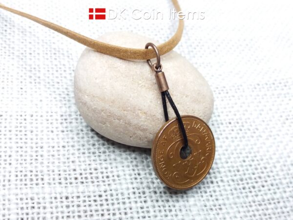 Denmark 1938 coin necklace. Crowned C-monogram 2 ore coin.