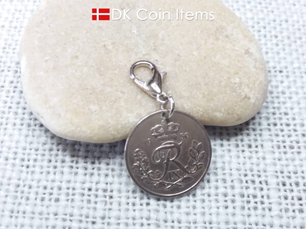 Denmark 1950 coin charm. 74 year old R-monogram 10 ore pendant.