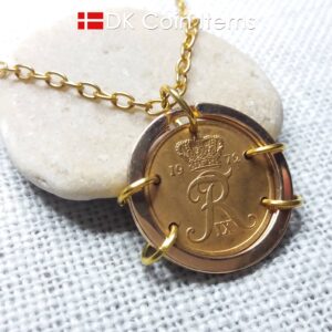 Denmark 1972 coin necklace. Crown R-monogram 5 ore 52 year old pendant