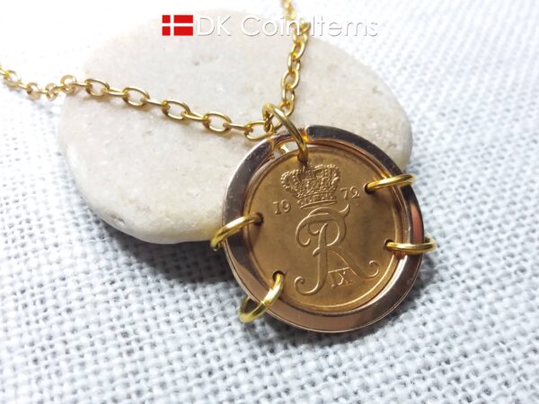 Denmark 1972 coin necklace. Crown R-monogram 5 ore 52 year old pendant