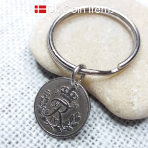 Denmark 1950 coin keychain. Crowned R-monogram 10 ore coin as pendant on keyring