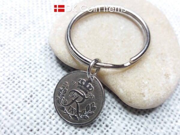 Denmark 1950 coin keychain. Crowned R-monogram 10 ore coin as pendant on keyring