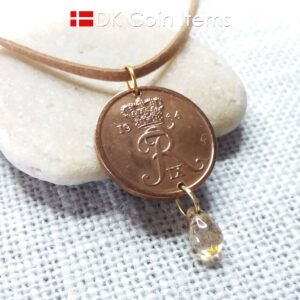 Denmark 1964 coin necklace. 60 year old Crown R-monogram 5 ore pendant