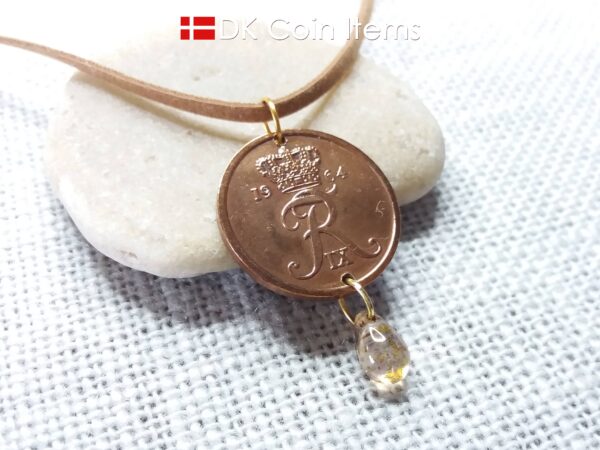 Denmark 1964 coin necklace. 60 year old Crown R-monogram 5 ore pendant