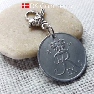 Denmark 1964 coin charm. 60 year old Crown R-monogram 5 ore pendant