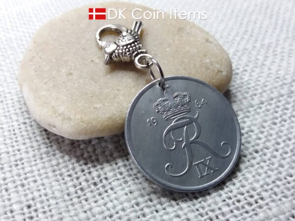 Denmark 1964 coin charm. 60 year old Crown R-monogram 5 ore pendant