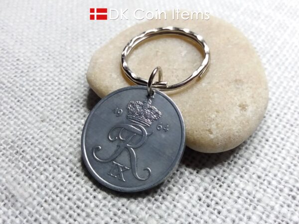 Denmark 1964 coin keychain. 60 year Crown R-monogram 5 ore pendant