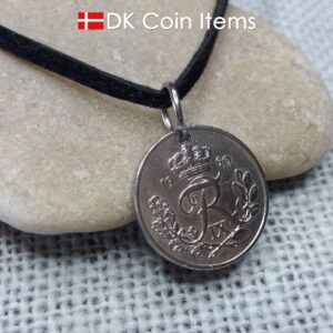 Denmark 1960 coin necklace. Crowned R-monogram 10 ore coin as pendant.