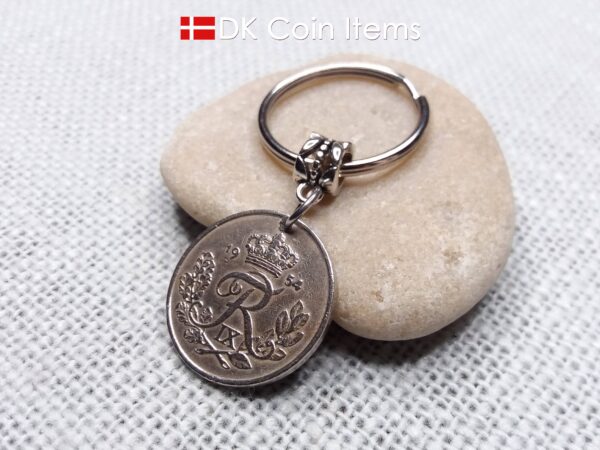 Denmark 1954 coin keychain. 70 year Crown R-monogram 25 ore pendant