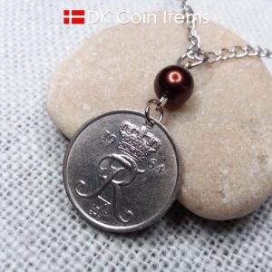 Denmark 1964 coin necklace. 60 year Crown R-monogram 25 ore pendant