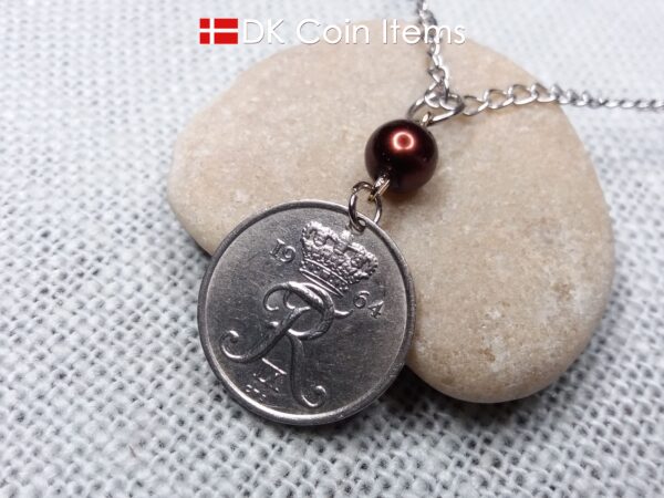 Denmark 1964 coin necklace. 60 year Crown R-monogram 25 ore pendant