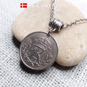 Denmark 1953 coin necklace. 71 year Crown R-monogram 25 ore pendant