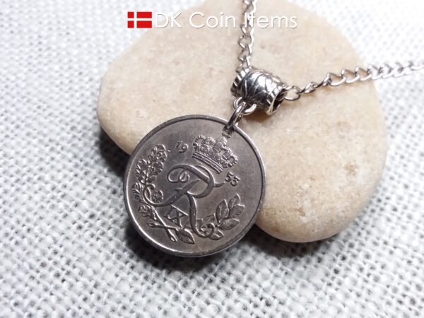 Denmark 1953 coin necklace. 71 year Crown R-monogram 25 ore pendant